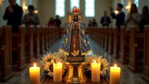 Estatua prepara para a Oração Nossa Senhora Aparecida iluminada em igreja com velas flores e fieis orando