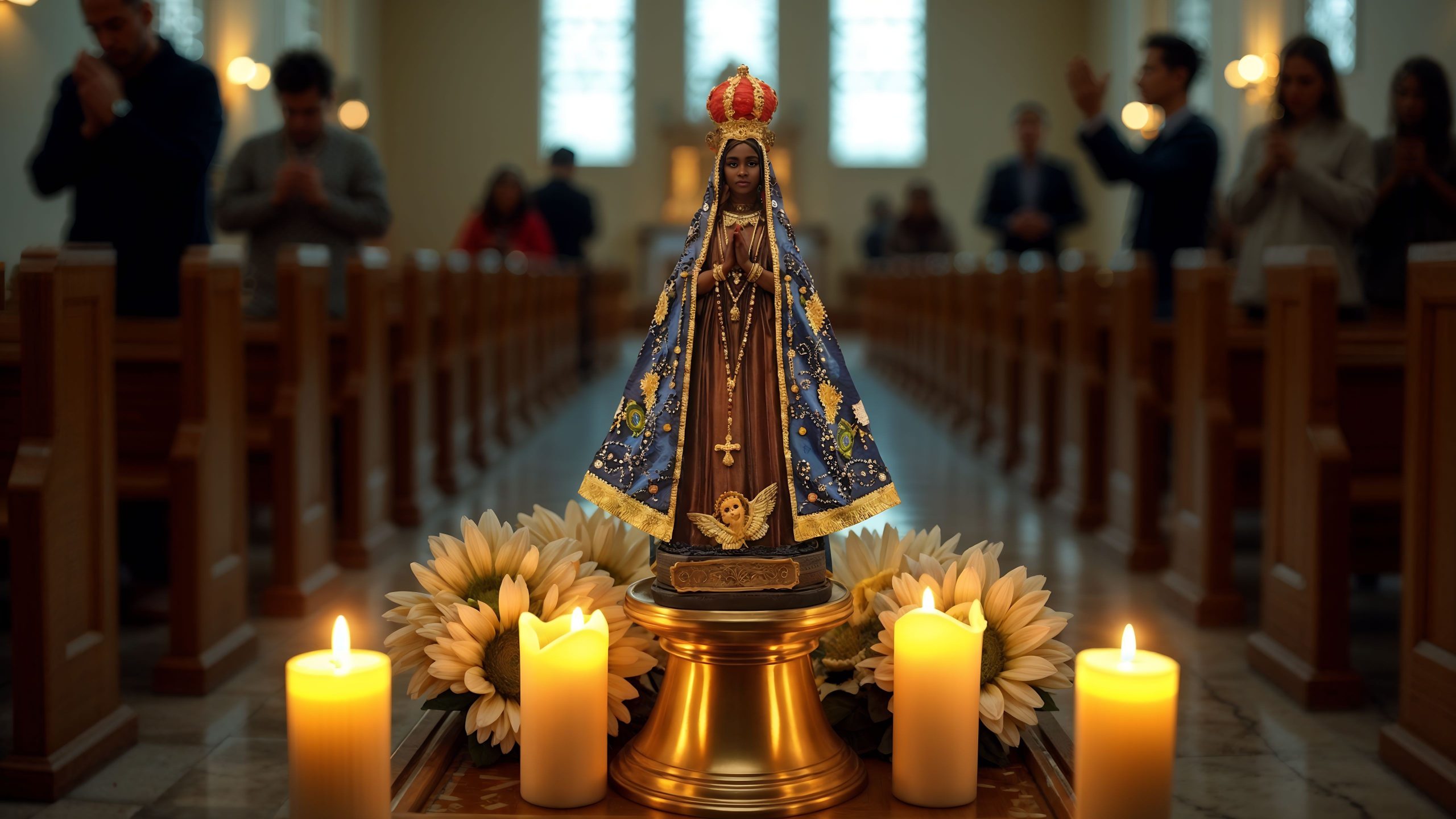Estatua prepara para a Oração Nossa Senhora Aparecida iluminada em igreja com velas flores e fieis orando